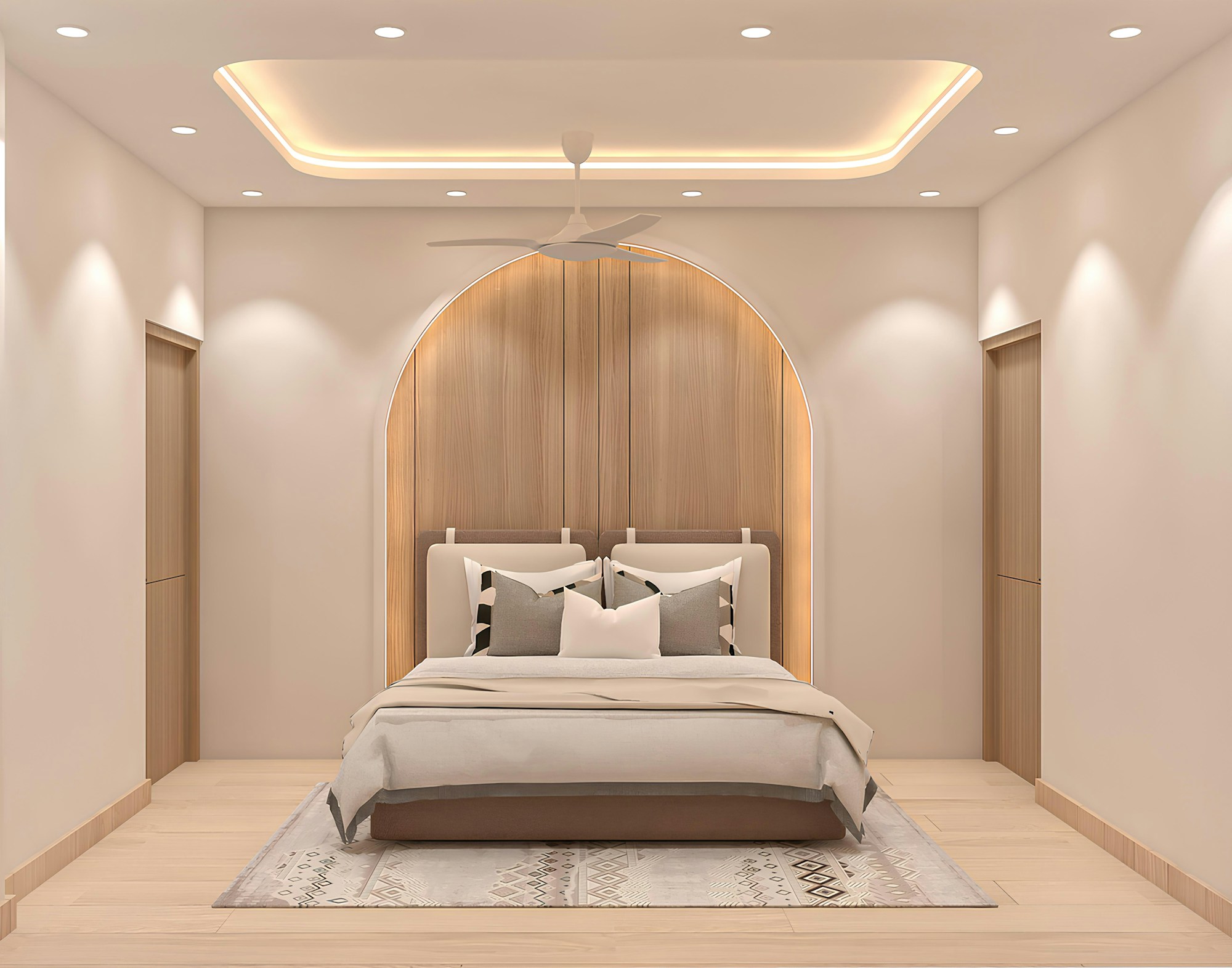 A neatly made bed dressed in fresh linen in a calm, warm bedroom.